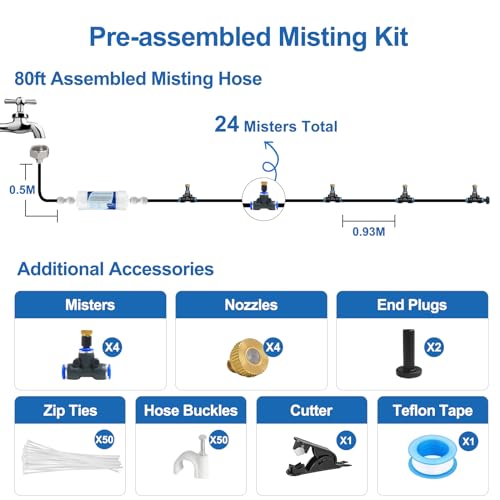 Pre-Assembled Misters for Outside Patio,Outdoor Misting Cooling System w Filter,80FT|24M. Backyard Mist Kit for Garden,Greenhouse,Deck,Umbrella,Canopy,Pool,Porch,Trampoline,ParkBBQ Party Accessories… - Thumbnail 3