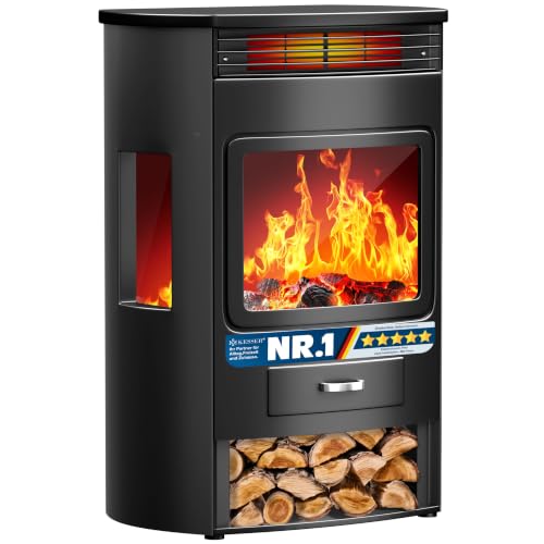 KESSER® Prio Elektrokamin mit Heizung Heizlüfter Fernbedienung WiFi App 950/1900 W Kamin elektrisch LED-Flammeneffekt Kaminfeuer mit Thermostat Panorama-Sichtfenster Heizfunktion Timer