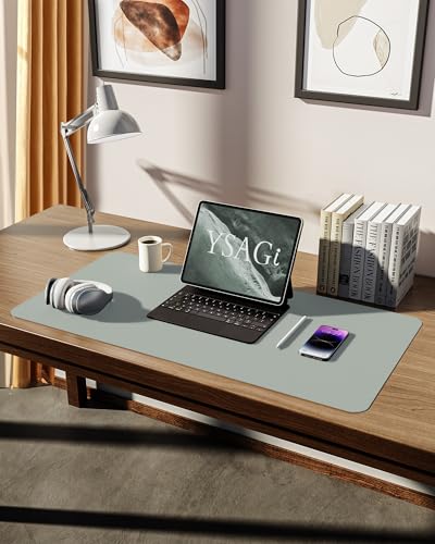 Image of YSAGi Leather Desk Mat, Large Mouse Mat, 80 x 40 cm, Grayish Green | Non-Slip Desk Pad, Keyboard Mat, Waterproof Table Protector Desk Accessories for Office & Home