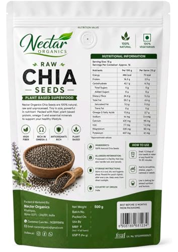 Image of Nector Organics Chia Seeds 500g - Dirt & Stone Free Premium Chia Seeds | 30 days pack | High Fibre & Plant Protein | Helps with Weight Management | Good for Summer Hydration | Super Seeds for Smoothies.