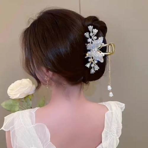 Image of Diversa Rhinestone Golden Peacock Claw Clip, Tassel & Bellflower Embellished Korean Clutcher, Non- Slip Metal Claw Clip for Girls, Fancy Clutcher for Women, Pack of 1