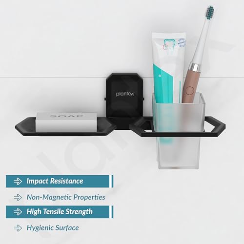 Image of Plantex 304 Stainless Steel 2in 1 Soap Holder and Brush Stand for Wash Basin /Bathroom Organizer for Soap Stand and Toothbrush Holder (Cute - Black)