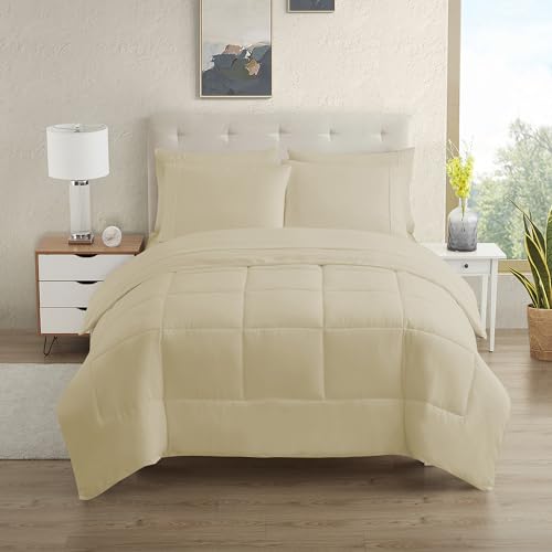 Sweet Home Collection 5 Piece Comforter Set Bag Solid Color All Season Soft Down Alternative Blanket & Luxurious Microfiber Bed Sheets, Beige, Twin