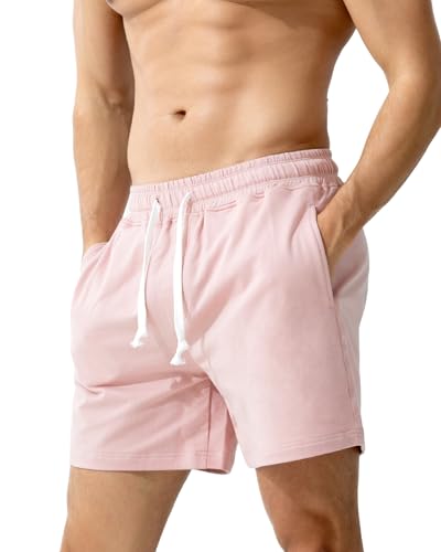 Image of Casey Kevin Men's Sweat Cotton Shorts Summer 5 Inch Short with Zip Pockets Elasticated Waist Drawstring Casual Running Shorts,Pink,L