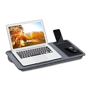 Relaxdays laptopkussen met muismat, antislip streep, BxD: 57,5 x 30 cm, handvat, bed & bank, schootkussen laptop, grijs