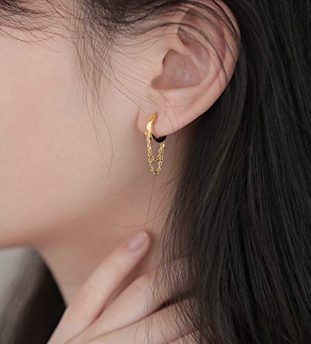 Reffeer 925 Sterling Silver Tassel Chain Drop Dangle Small Hoop Earrings Huggie For Women Teen (C-Gold) #TOP1