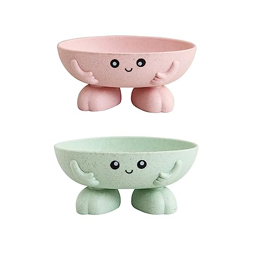 NentMent 2 Pack Soap Dish Soap Bar Holder Box Storage Container Saver Draining Tray Wheat Straw Material Cartoon Panda Shape for Kids Children Shower Bathroom Kitchen Countertop (Pink + Green)