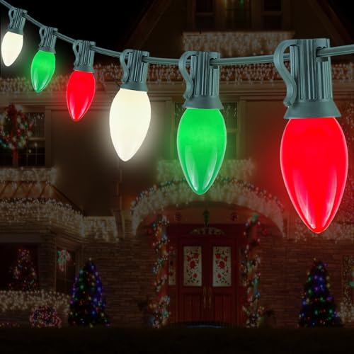 Image of 25FT C7 Christmas Lights Outdoor, Red Green White 3-Color LED String Lights for Roof, Fence, Tree, Wedding, Party, Patio, Bright Holiday Decor