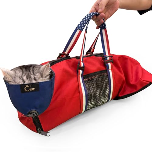 Image of Cinf Cat Nail Clipping Cleaning Grooming Restraint Bag (Free Muzzle) No Scratching Biting for Bathing Nail Trimming Injecting Examining((Red USA Flag,M)