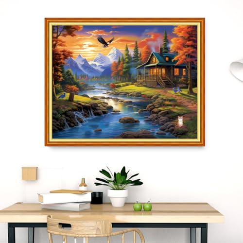 Image of Dooxvey Cross Stitch Kits for Adults Stamped Full Range of Embroidery Starter Kits for Beginners 11CT Printed Cross Stitch Patterns Needlepoint Kits Stamped Crossstitch- Riverside Scenic 16x20 inch