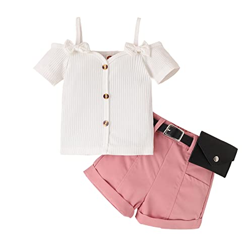 Niña de manga corta bowknot acanalada tops y pantalones cortos riñonera traje 3 N, Blanco, 6-12 meses