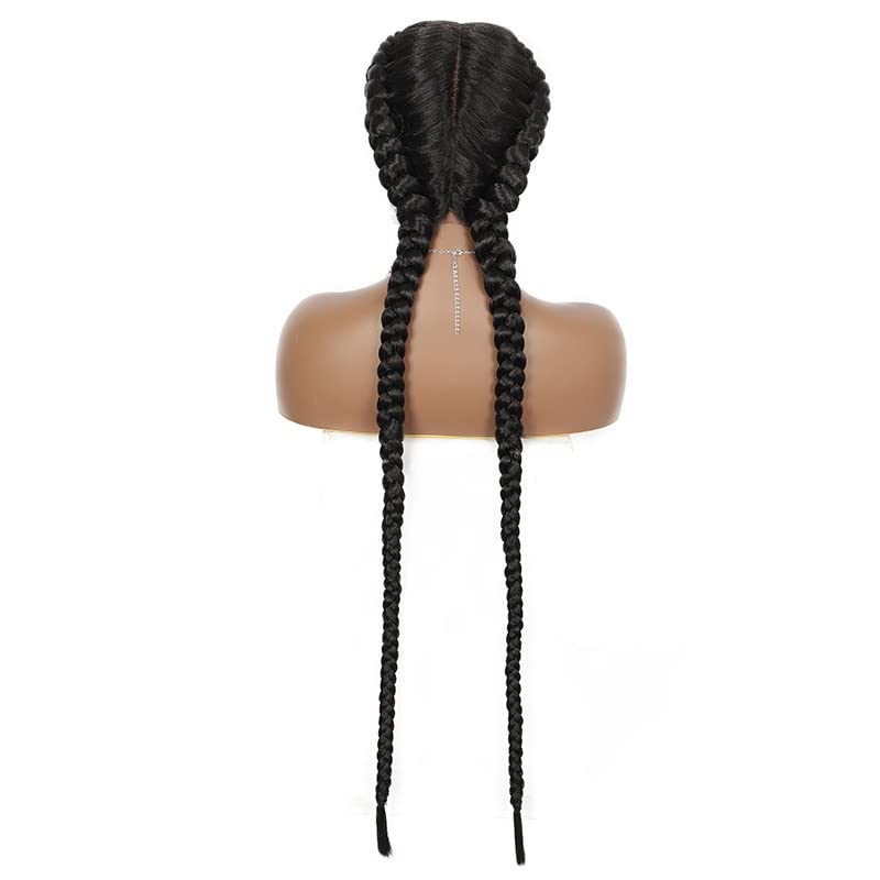 Xiweiya 2x Twist Braids Hand-Braided Synthetic Lace Front Box Braided Wig With Baby Hair for Women, Dutch Braids, Black - Image 4