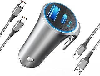 Cigarette Lighter USB Charger Fast Car Charger 27W/4.8A PD&QC 3.0 Car USB C Charger 2 Port Fast Charger with Blue LED and Safety Hammer Perfect for Android/iphone/ipad Device