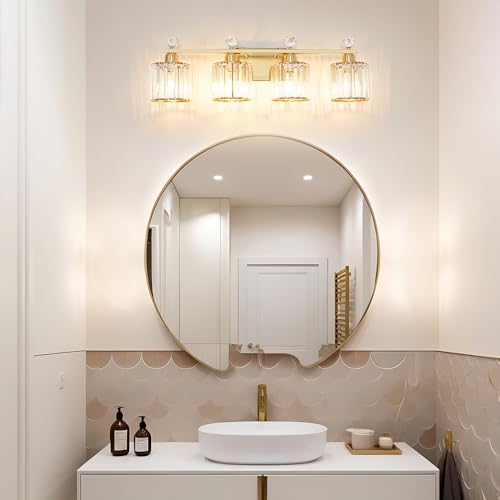 Image of Modern Crystal Bathroom Vanity Light, 4-Lights Bathroom Light Fixtures, Brass Gold Vanity Lighting Fixtures Over Mirror, Brushed Wall Sconce Light for Bedroom, Kitchen, Living Room, Gallery, E26 Base