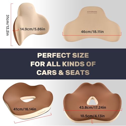 Image of Coverado Seat Cushion and Lumbar Support Pillow for Car Office Chair, Ergonomic Memory Foam Desk Chair Cushion Back Support Pillow, Sciatica & Back & Tailbone Pain Relief Cushion-Beige