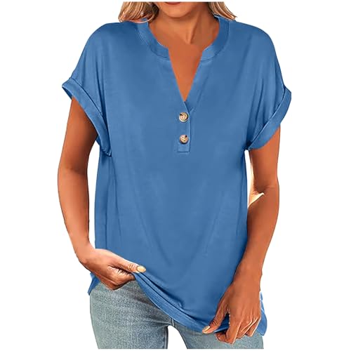 bawilom Womens Short Sleeve Shirts Casual Button V Neck Tops Dressy Outfits Summer Fashion Blouses Basic Tee Trendy Clothes Blue