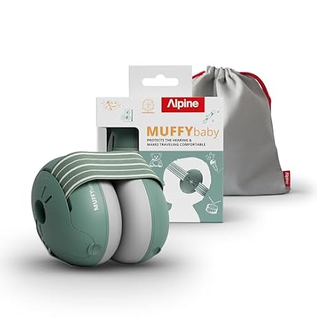 Alpine Muffy Baby Ear Protection for Babies and Toddlers up to 48 Months - CE & ANSI Certified - Noise Reduction Earmuffs - Comfortable Baby Headphones Against Hearing Damage & Improves Sleep - Sage