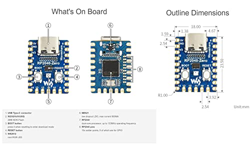 RP2040-Zero Pico-Like MCU vývojová deska založená na čipu mikrokontroléru Raspberry Pi RP2040, dvoujádrový ramenní procesor, multifunkční GPIO piny, přípojka USB-C, jednoduchá integrace