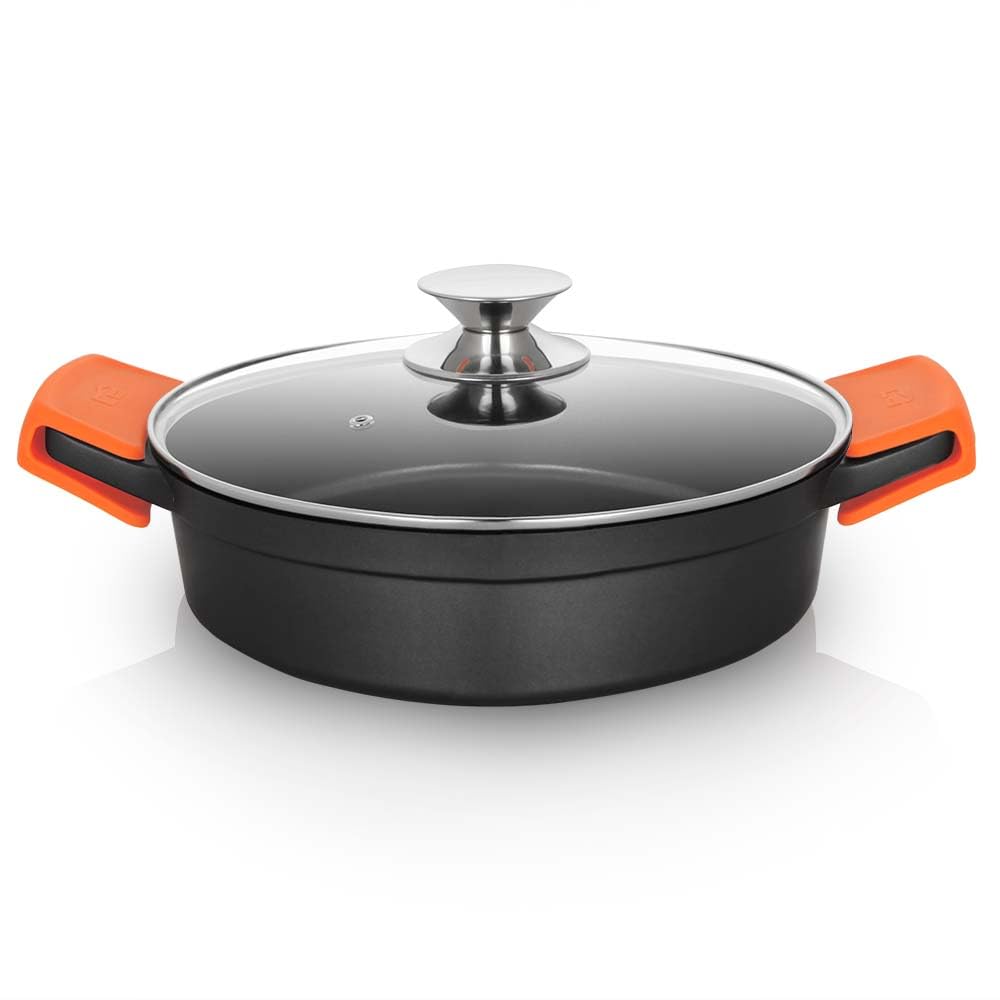 Orbegozo CDB 1024 Cacerola Baja Aluminio Forjado, 2.8 L, Superficie Antiadherente Libre de PFOA, Asas de Silicona, Tapa de Cristal Templado | Superficie Antiadherente Libre de PFOA, Asas de Silicona, Tapa de Cristal Templado