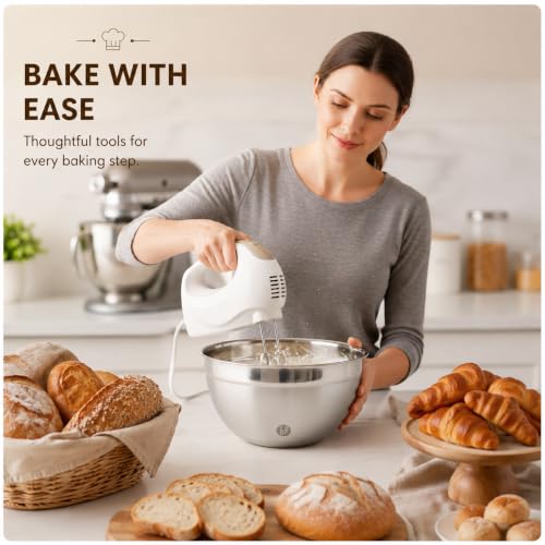 Image of Showvigor Electric Hand Mixer with 5 Stainless Steel Whisks,5 Speed,White