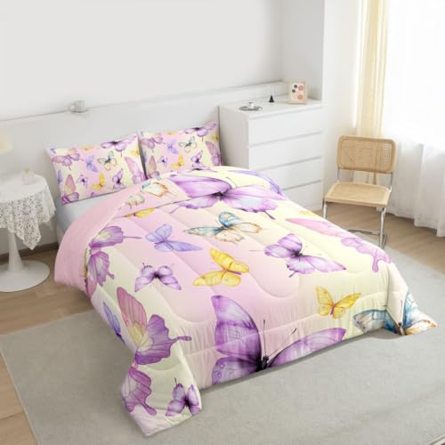 Image of Erosebridal Purple Yellow Butterflies Queen Comforter Set for Kids Teens Adults,Colorful Garden Wildlife Bedding Set,Rustic Farmhouse Duvet Insert,Modern Aesthetic Bed Set for All Season