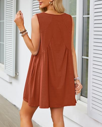 Image of Womens Babydoll Dress Summer Sleeveless Mini Dress Casual Loose V Neck Swing Flowy Beach Sundresses with Pockets