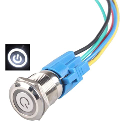 Hailege Latching Push Button Switch 16MM 12V-24V 5A 1NO1NC Fixed Self-locking Power Button Switch Stainless Steel Metal Angel Eye LED Light Key with Socket Plug Wire