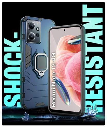 Image of WOW IMAGINE Shock Proof Back Case Mobile Cover for Xiaomi Redmi Note 12 4G | Back Cover Case (Tough Armor | Hybrid PC + TPU | Ring Holder & in-Built Kickstand | Blue)
