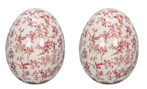 Posiwio dekoratives frühlingshaftes Deko-Ei Keramik-Ei Oster-Ei Keramik mit floralem Muster in Creme-weinrot in 2 verschiedenen Größen (2 x mittel)
