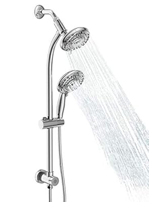 Egretshower Handheld Showerhead & Rain Shower Combo for Easy Reach, 27.5" Drill-free Stainless Steel Slide Bar, 5”of 5-setting Handheld Shower and Showerhead, with 5ft Hose - Polished Chrome