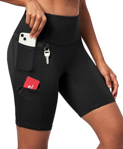 Ewedoos Biker Shorts Women Tummy Control with 4 Pockets No Front Seam Hiking Workout Spandex Shorts High Waisted UPF50+