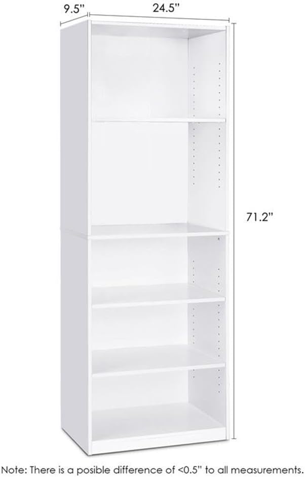 Pemberly Row 5-Shelf Bookcase, Engineered Wood, Adjustable Shelves, White Finish, 71.2" H x 24.5" W x 9.5" D, Space-Saving Home or Office Storage and Display Furniture