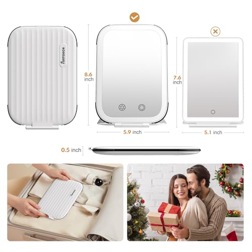 Image of FUNTOUCH Rechargeable Travel Makeup Mirror with Lights, Light up Portable Vanity Mirror with 80 LEDs,2000mAh Battery,Brightness Adjustable,3 Lighting, Dimming Compact Mirror