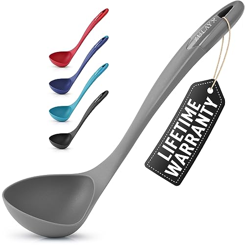 Zulay Soup Ladle Spoon with Comfortable Grip - Cooking and Serving Spoon for Soup, Chili, Gravy, Salad Dressing and Pancake Batter - Large Nylon Scoop & Soup Ladel Great for Canning and Pouring - Gray