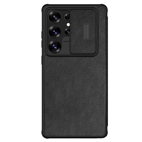 Image of Nillkin Case for Samsung Galaxy S25 Ultra (6.8 inch Inch) Qin Pro Camshield Camera Slider Genuine Classic Leather Flip Folio + Card Slot Black Color