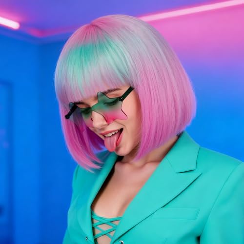 Image of ANOGOL Hair Cap + (Sunglasses) Teal Pink Gradient Bob Wig with Bangs Womens Party Wigs with Star-Shaped Glasses Short Neon Wig Daily Party Fun Wigs Women Halloween Costume Bachelorette Hair