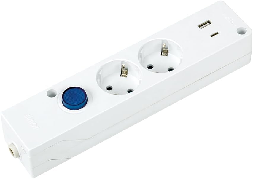 SIMON – Base Multifix, Regleta con 2 Tomas 16A y 2 USB A+C, Carga Rápida, Carga Rápida, Enchufe Múltiple, Ladrón con Toma de Tierra e Interruptor de Luz, 250V, 3680W, Blanco