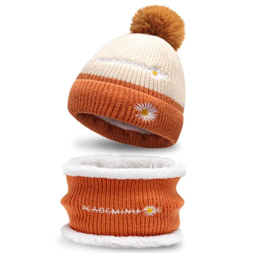 YONHEE Damen Wintermütze Schal Set - Gestrickte Warme Mütze mit Schal Strickmütze Schalmütze Winter Bommel Beanie Mütze und Schal Set für Frauen (Beige) Cover
