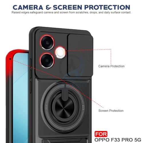 Image of AESTMO Oppo F33 Pro 5G Back Cover | Armor Camera Slider 360 Degree Rotating Finger Ring Holder Case with Bracket Stand Back Case Cover (Compatible with MagSafe Accessories) (Black)