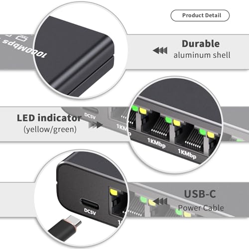 Image of Gigabit Ethernet Splitter 1 to 4-1000Mbps RJ45 Port Router Switch with USB-C Power, Plug & Play 1-in-4-Out LAN Adapter for Cat5 /5e /6 /7 /8 Cables, High Speed Network Switch for Desktop Printer Camera