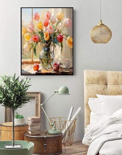 Image of Eiazuiks Stamping Cross Stitch Kit, Tulip Counting Cross Stitch Kit for Adult Beginners, Full Line DIY Stitching Kit for Home Decor Cross Stitch Patterns 12x16 inches