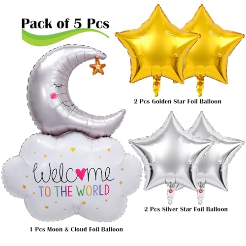 Image of Rozi Decoration Welcome Baby Foil Balloon Set with Moon Cloud & Star Balloons, 5 Pcs Baby Shower Decoration Kit for Newborn Welcome Party & Naming Ceremony