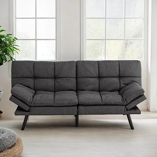 Fangflower Futon Sofa Bed, Fabric Memory Foam Couch, Foldable Convertible Sleeper Loveseat, Daybed for Living Room, Dark Grey