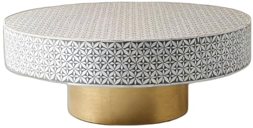 Beautifully Handcrafted Antique Bone Inlay Coffee Table | Round Ottoman Table | Black & White Table for Home Decor Purpose - Fairdeal Handicrafts