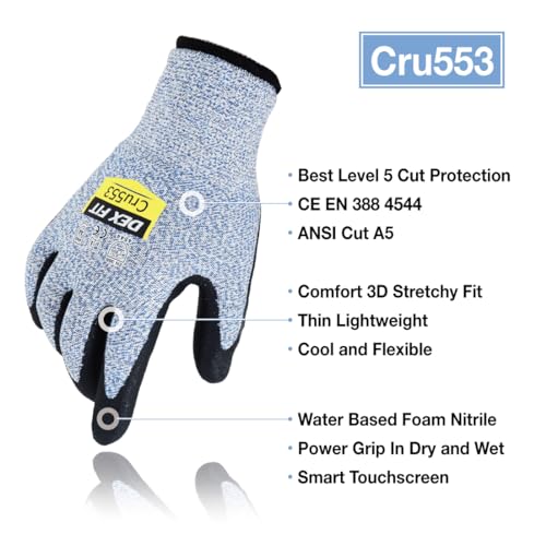Image of DEX FIT Level 5 Cut Resistant Gloves Cru553, 3D Comfort Stretch Fit, Power Grip, Durable Foam Nitrile, Smart Touch, Machine Washable, Thin & Lightweight, Blue 6 (XS) 1 Pair