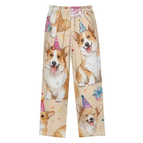 Corgi Dog with Birthday Party Hat Boys Long Pants Soft Trousers Elastic Waist Kids Lounge Bottoms with Pockets S-XL2