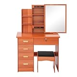 QIERF Tocador con espejo deslizante y taburete, 80 × 35 × 128 cm, 5 cajones...