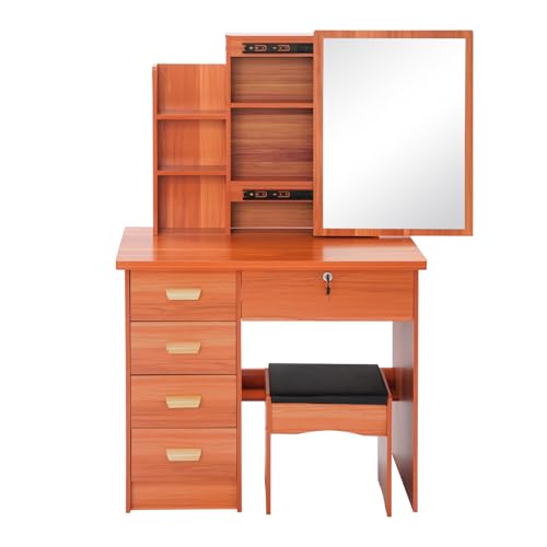 QIERF Tocador con espejo deslizante y taburete