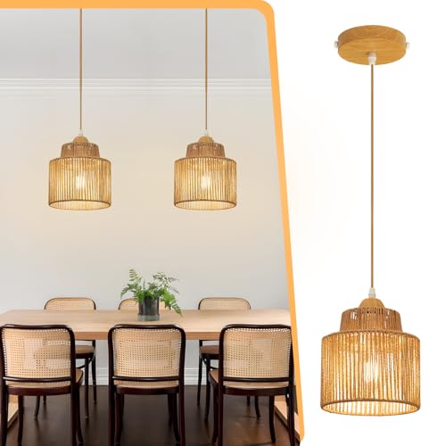 OTeedo 2 Pack Boho Rattan Pendant Light Kitchen Island,Farmhouse Chandeliers Adjustable Height Hanging lamp for Dining Room,Kitchen Ceiling Lights Fixtures with Round Woven Wicker Lampshade Lighting