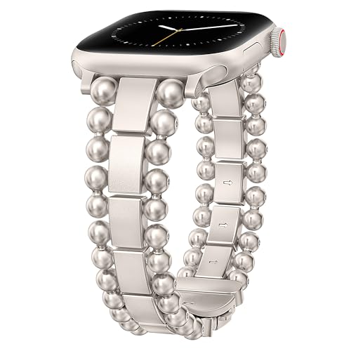 TOYOUTHS Beaded Bracelet Compatible with Apple Watch Bands 42/41/40/38mm Women Dressy Fancy Stainless Steel Metal Elegant Jewelry Strap for iWatch Series 11 10 9 8 7 6 5 4 SE 3 2 1 Starlight